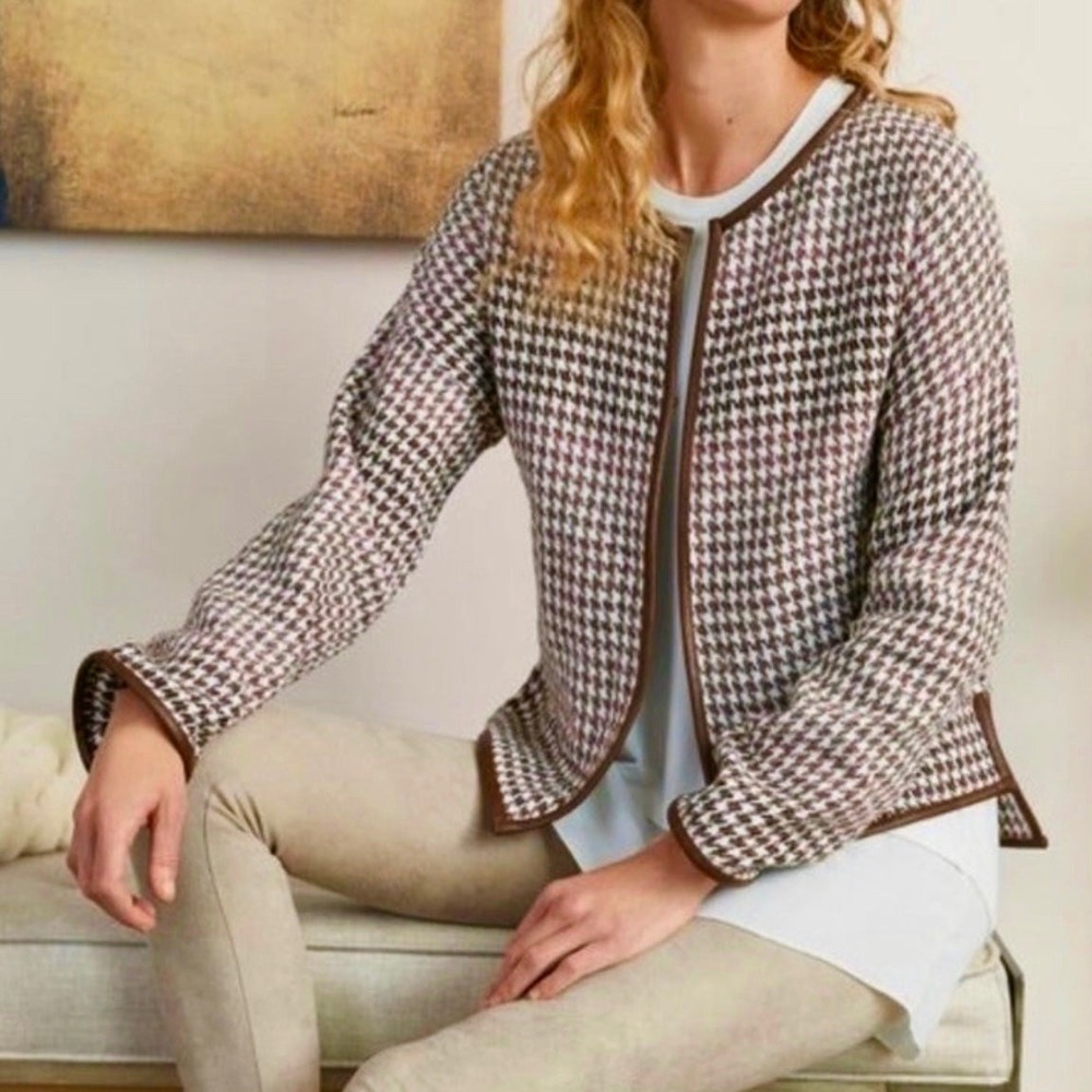 Soft Surroundings Romilly Houndstooth Jacket blazer Size L Faux Leather Trim